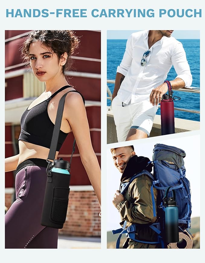 40 oz Insulated Water Bottle - w/Straw Spout Lids, Paracord Handle, Silicone Boot, Metal Flask Water Bottle Carrier with Strap, Leak Proof Stainless Steel Thermal Flask Keep Cold 48h & Hot 24h