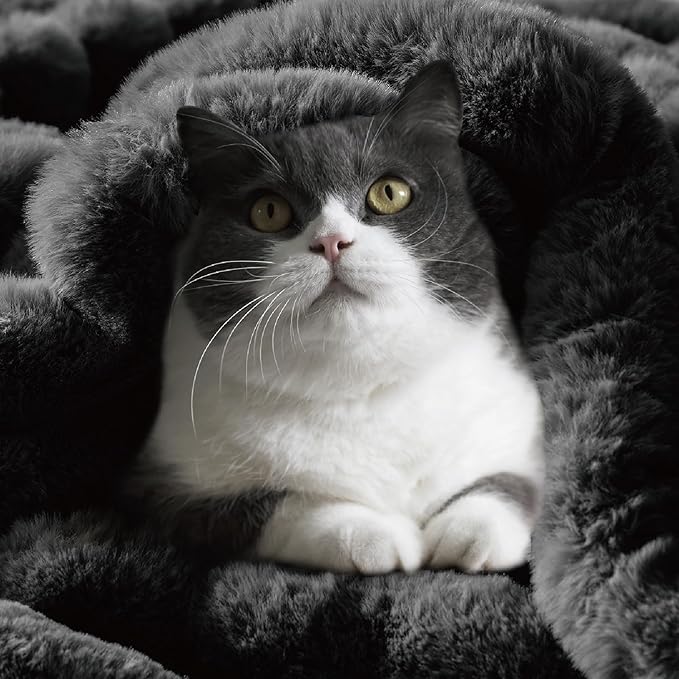 BEDELITE Faux Fur Throw Blanket for Couch, Soft and Cozy Luxurious 3D Striped Fluffy Blanket, 770GSM Thick Warm Plush Fuzzy Faux Rabbit Fur Blanket for Women Gift (Black, 60"x 80")