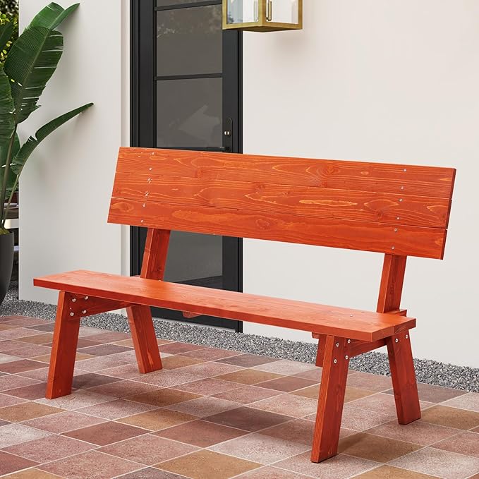 AVAWING Outdoor Convertible Wood Bench with Backrest, Patio Wood Convert a Bench, Space-Saving 2-in-1 Picnic Table Chairs Set for Backyard, Porch, Patio, Garden, Tangerine