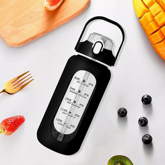 64oz Glass Water Bottle with Straw - Half Gallon Large Motivational Water Bottle with Silicone Sleeve Time Marker, Ideal for Gym, Sports, Workouts, Daily