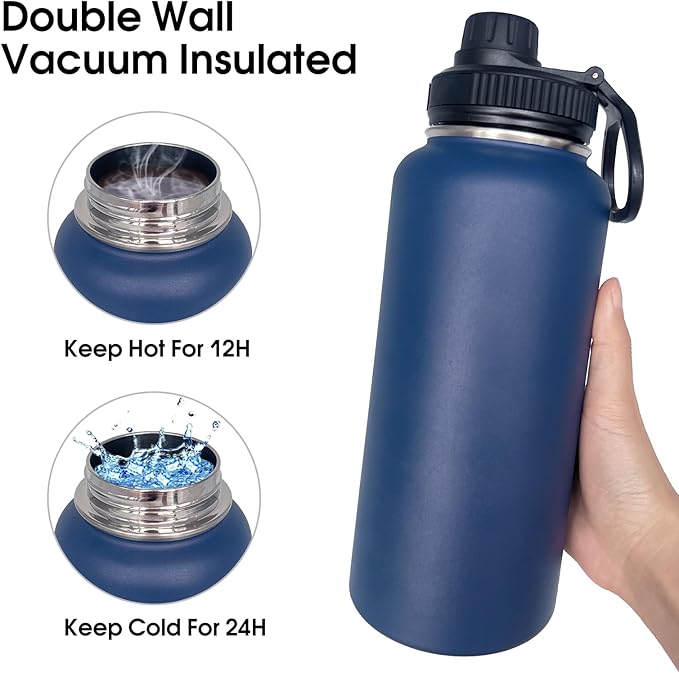 4pack 32 oz Insulated Water Bottle With Straw, Stainless Steel Sports Water Cup Flask with 2 Lids, Wide Mouth Travel Thermal Mug,Navy