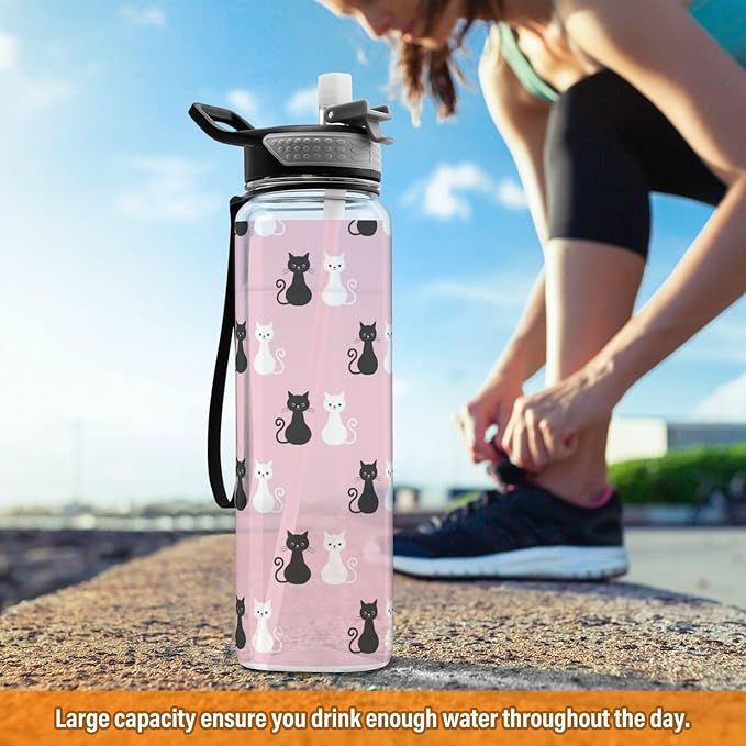 Black White Cat Water Bottle with Straw colorful Sports Bottles BPA-Free Tritan Water Jug with Carrying Strap for Women Men Gym