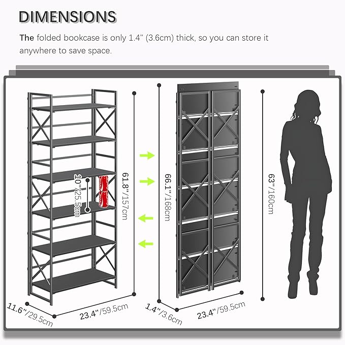 4NM 6 Tiers No Assembly Book Shelves, 61.8" H Folding Bookshelf Bookcase Open Industrial Foldable Shelves for Bedroom, Living Room, Home Office - All Black