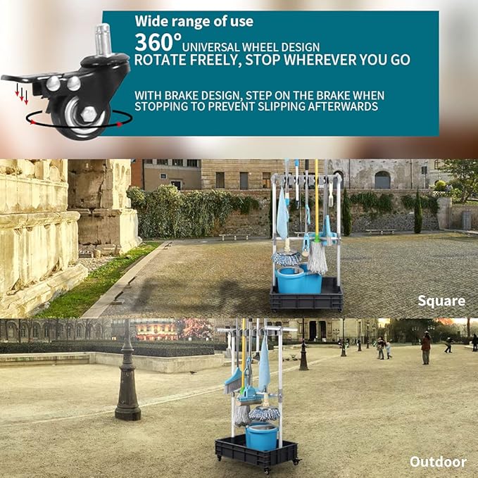 Broom And Mop Holder Put Wet Mops Movable Floor-Mounted Mop Rack Floor Standing Cleaning Tool Cart Storage For Garden Garage Schools, Hospitals, Factories, Hotels,Property Companies (12racks)