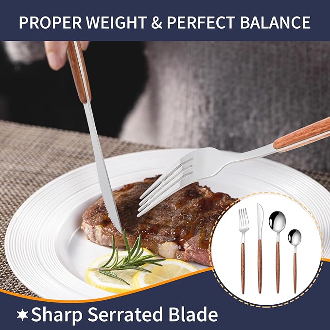 16 PCS Silverware Set for 4,Stainless Steel Flatware Cutlery Eating Utensils Set with Wood Grain Handle,Steak Knives Forks and Spoons for Home,Party,Mirror Polished and Dishwasher Safe