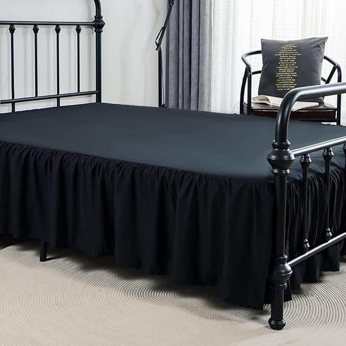 Bed Skirt Twin Size Ruffled Bed Skirt with Split Corners, 16 Inch Drop Dust Ruffle Bed Skirt with Platform, Black, Twin - 16" Drop