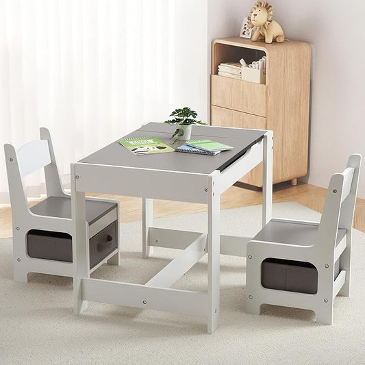 4-in-1 Kids Activity Table Set, Kids Table and Chair Set with/Storage, Removable Tabletop, Chalkboard, 3-Piece Toddler Furniture Set for Art, Crafts, Drawing, Reading, Playroom