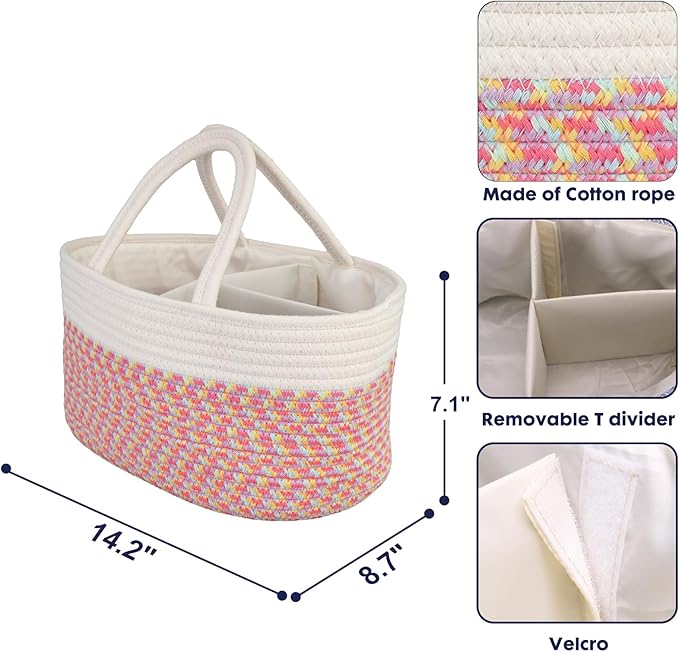Baby Diaper Caddy Organizer for Girl Boy Rope Nursery Storage Bin Basket Portable Holder Tote Bag for Changing Table Car Travel Baby Shower Gifts Newborn Registry Must Haves