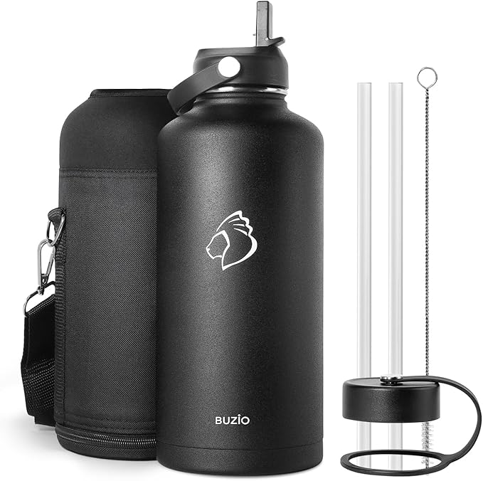 BUZIO Vacuum Insulated Stainless Steel Water Bottle 87oz (Cold for 48 Hrs/Hot for 24 Hrs) Half Gallon BPA Free Double Wall Travel Mug/Flask for Outdoor Sports Hiking, Camping, Running, Black