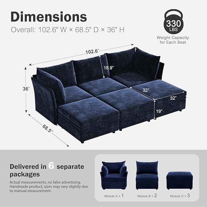 102.6" Luxury Modular Sleeper Sofa Bed 6 Seat Reversible Sectional Couch Deep Seat with Storage Chaises Removable Cover for Living Room, Apartment - Chenille Blue