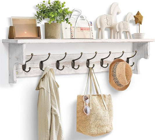 BECHAEO 35.8'' Wood Coat Rack Wall Mount with Shelf, White Wall Coat Rack with Hooks, Farmhouse Rustic Coat Hooks for Entryway Bathroom Hallway Kitchen Bedroom