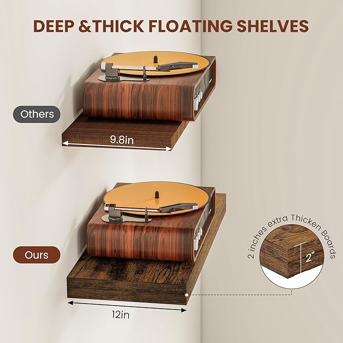 12" Deep Floating Shelves for Wall 36 Inches Long, Heavy Duty Wall Shelves for Bedroom Bathroom Kitchen Laundry Room, Farmhouse Rustic Shelves for Home Decor, 36" X 12" X 2" Set Of 2, Rustic Brown