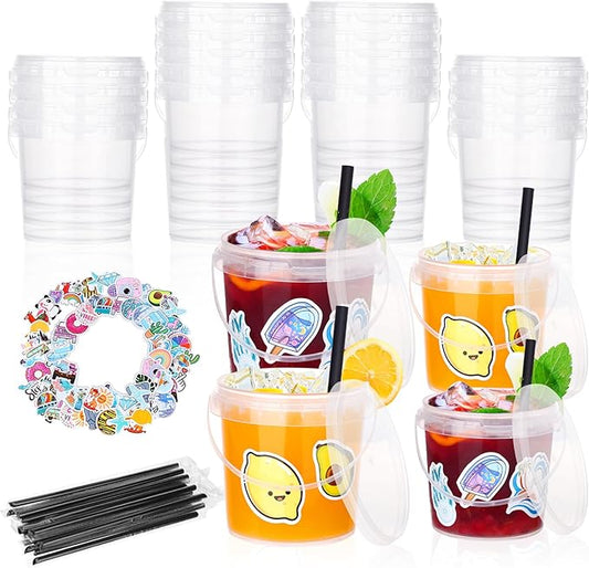 30 Pcs Ice Cream Buckets with Lids and Handles Drink Rum Buckets for Parties Cocktails Reusable Clear Plastic Food Containers with 50 Pcs Summer Stickers