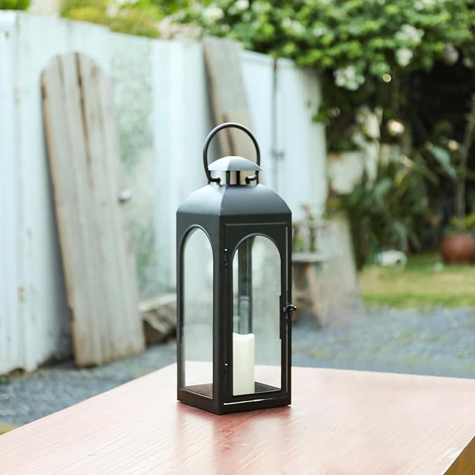 Bdor 20 Inches Metal and Stainless Steel Glass Decorative Lantern with Electronic Wax Effect - Indoor/Outdoor Decorative Lighting, Handcrafted Aesthetic, Perfect for Home, Parties, and Holiday Decor