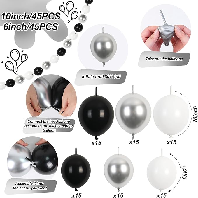 Black White and Gold Linking Balloons, 90PCS Black Gold and White Balloon Arch, Metallic Silver Quick Linked Connecting Balloon for Wedding Birthday Baby Shower Graduation New Year Party Decorations