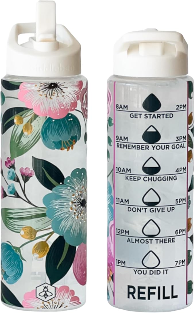 Biddlebee 32oz. Hydration Tracker Water Bottles with Times To Drink | Big Motivational Water Bottle with Time Marker, Straw Lid, & Measurements | BPA-Free (Pretty Flowers)