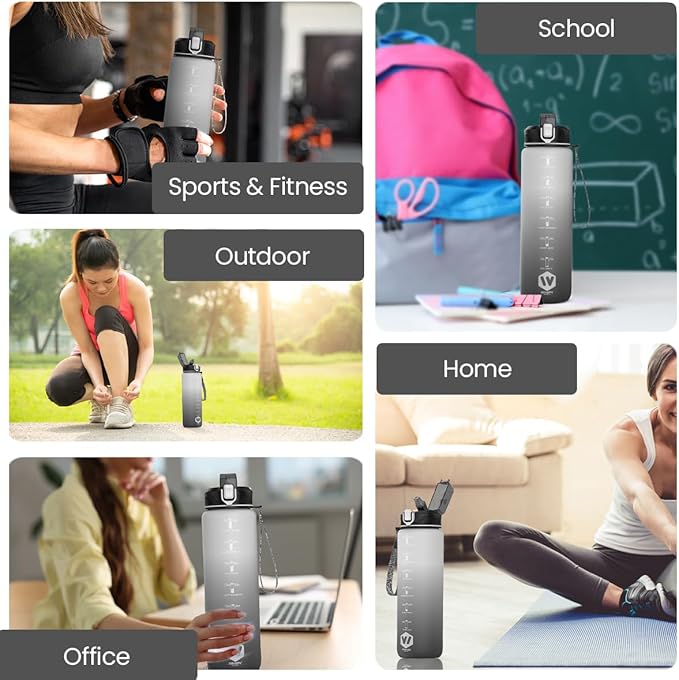 1L Water Bottle with Straw - Leak-Proof & BPA Free Reusable Sports Bottle - Motivational Time Markings for Hydration Durable Drink Bottle for Gym, Sports, Outdoor (White and Black)