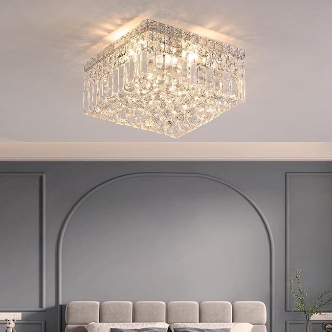 4-Lights Modern Flush Mount Ceiling Light Fixtures,Elegant Crystal Chandelier Pendant Ceiling Lamp for Bedroom,Living Room,Dining Room,Hallway H5.9 x W13.7 x L13.7 (Bulbs Not Included) Square