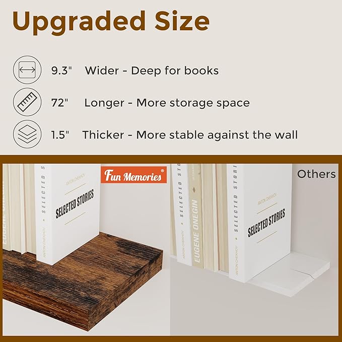 72 Inch Floating Shelves, 72 x 9 Rustic Wooden Fireplace Mantel, 9 Inch Floating Shelf for Wall, Farmhouse Wall Shelves for Home Storage & Display, Rustic Brown Color, Set of 1