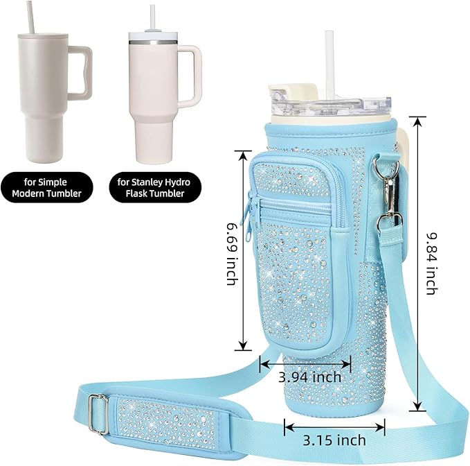 Bling Water Bottle Carrier Bag with Phone Pocket,Water Bottle Holder Bag for Stanley Cup Accessories,Cup Holder with Adjustable Shoulder Strap with Stanley 40 & 30 oz Tumbler,Blue