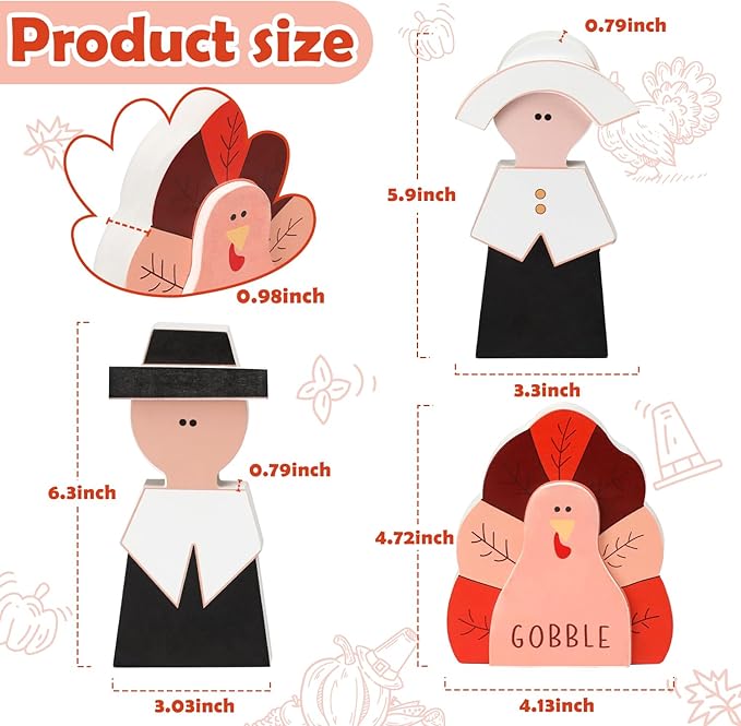 Amorita Fall Thanksgiving Decorations Wooden Turkey Pilgrim Couple Table Sign 3 Pcs Fall Thanksgiving Decor Standing Tabletop Sign Decor for Autumn Harvest - Z