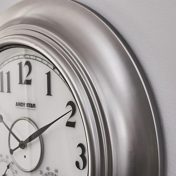 Andy Star 21 Inch Silver Illuminated Outdoor Wall Clock Waterproof with Thermometer and Hygrometer, Oversized Battery Operated Round Wall Clock, Big Silent Non Ticking Clock for Patio Pool Garden