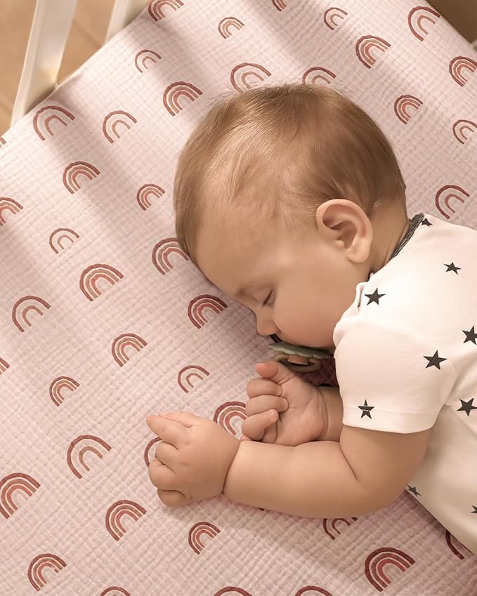 Blissful Diary Muslin Mini Crib Sheets, Pack and Play Mattress Sheets Fitted for Pack N Play, Soft Cotton for Boys Girls, 2 Pack(Rainbow&Cedar)