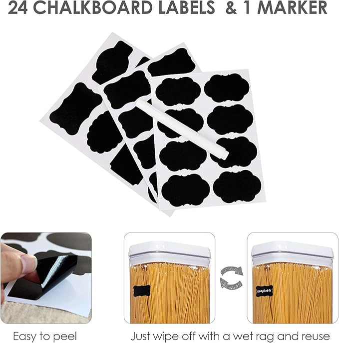 Airtight Food Storage Containers, Vtopmart 4 Pieces Large BPA Free Plastic Spaghetti Containers with Easy Lock Lids, for Kitchen Pantry Organization and Storage, Include 24 Labels (White,