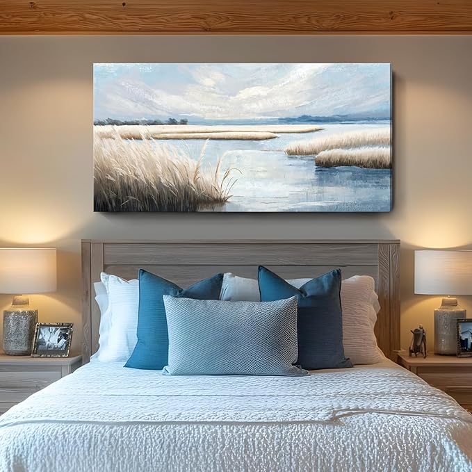 amatop Large Coastal Wall Art Abstract Landscape Beach Ocean Marsh Canvas Print Calming Soft Blue and Beige Wetland Picture Minimalist Neutral Nature Artwork for Bedroom Living Room Office 48x24