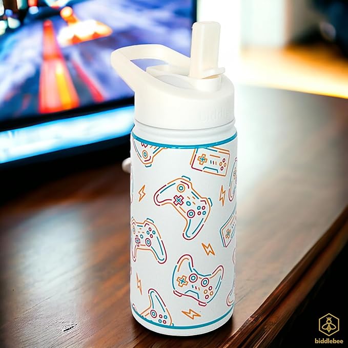 Biddlebee Kids Water Bottle with Straw Lid | 14oz Insulated Stainless Steel Reusable Bottles for School | Leak Proof Cap with Handle & Touch Free Spout | Great for Boys & Girls (Cool Gamer)