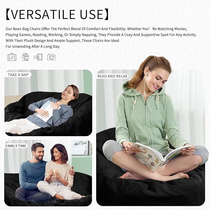 Bean Bag Chair for Adults 3FT,Soft Removable Cover for Teens/Girls Bedroom,Fluffy Giant Round Floor Beanbag Lounger Chairs (No Filler,Black)