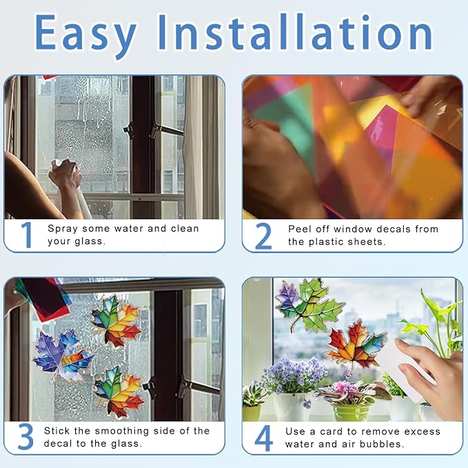 14pcs Window Decals for Bird Strikes, Anti Collision Window Clings, Rainbow Reflection Window Sticker, Maple Leaf Style Sun Catcher Stickers for Glass Windows