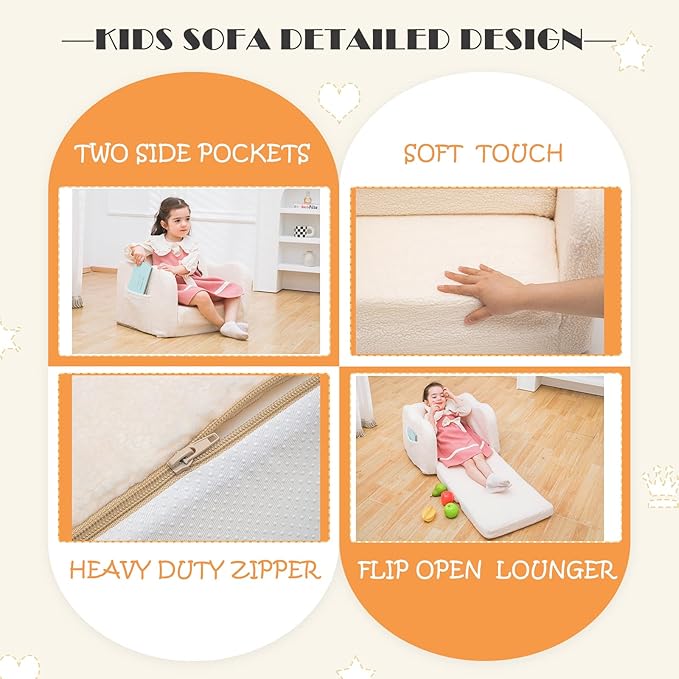 Baby Toddler Sofa Couch for Kids Foldable 2-in-1 Sherpa Fold Out Couch Bed for Playroom, Pull Out Children Convertible Sofa to Lounger Sleeper Chair for Boys & Girls with Double Pockets - Pink