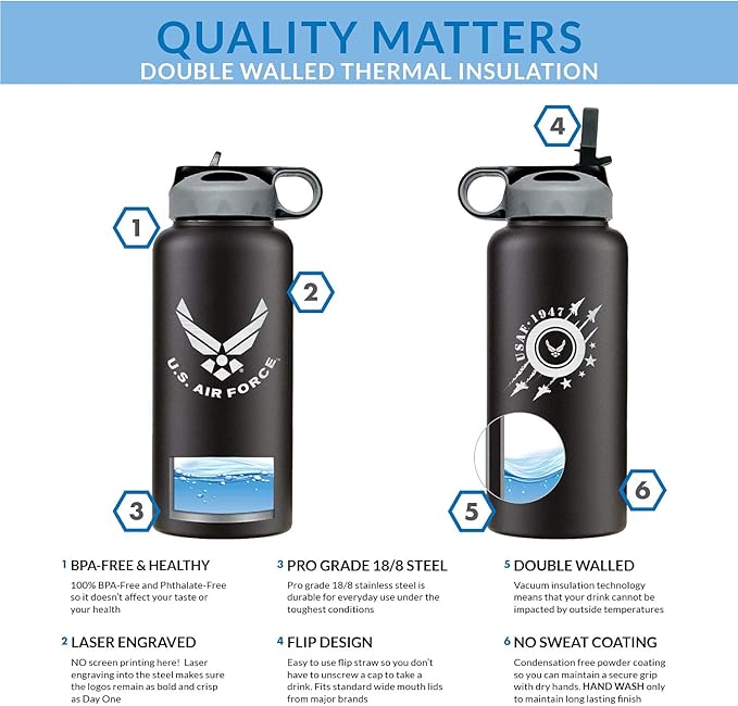 32oz Air Force Stainless Steel Insulated Water Bottle with Engraved USAF Logo - Air Force Gifts for Veterans | Disabled USMC Vet Owned SMALL Business
