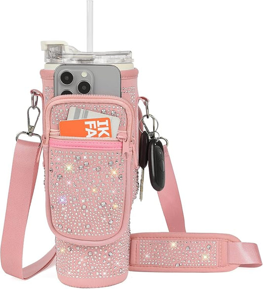 Bling Water Bottle Carrier Bag with Phone Pocket,Water Bottle Holder Bag for Stanley Cup Accessories,Cup Holder with Adjustable Shoulder Strap with Stanley 40 & 30 oz Tumbler,Pink