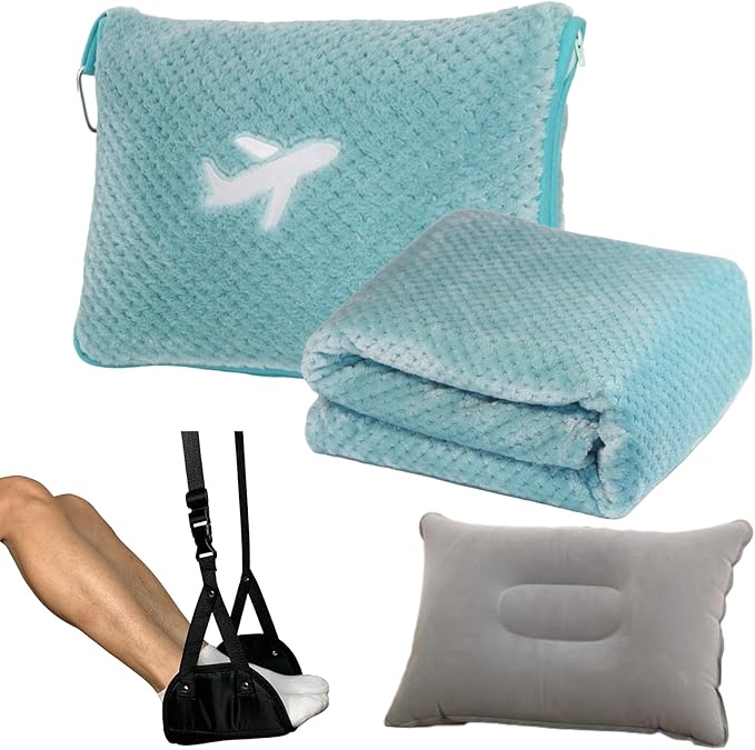 4 in 1 Travel Blanket and Pillow Set with Airplane Footrest - 350 GSM Thick Travel Blanket Airplane Compact with Bag, Inflatable Pillow, Foot Hammock for Plane Travel (Green)