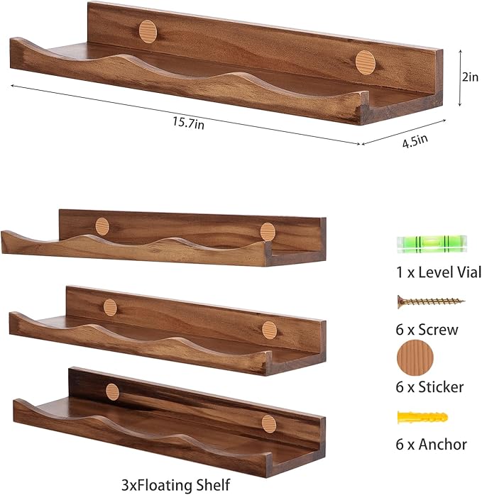 AZSKY Floating Bookshelf for Kids, Picture Ledge Shelf for Wall Decor and Storage 16 Inches Nursery Book Shelves Set 3, Baby Book Shelf for Kids Room Decor(Walnut)