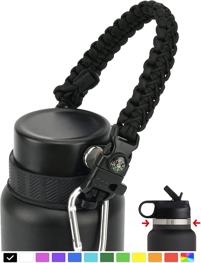 2.0 Paracord Handle for Hydroflask 2.0 Wide & Standard Mouth Water Bottles Carrier with New Ring & Carabiner 12oz, 16oz, 18oz, 20oz, 32oz, 40oz, 64oz (32 oz-40 oz Wide Mouth)