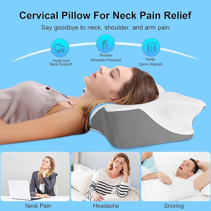 Anvo Ergonomic Pillows for Pain Relief Sleeping - Cervical Pillow for Neck Pain Relief - Memory Foam Pillows for Neck and Shoulder Pain - Neck Pillow for Side Back & Stomach Sleeperr - Silver Firm