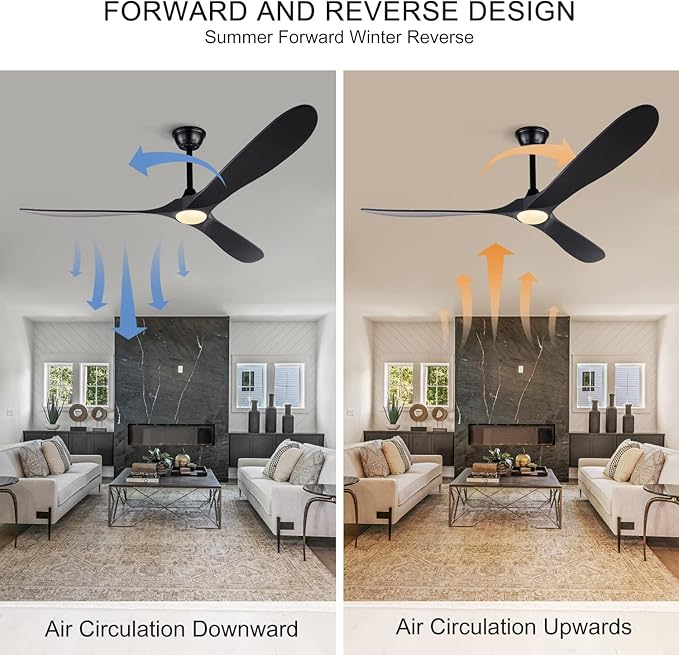 BOJUE 72 Inch Black Ceiling Fans with Lights and Remote Control, Indoor Outdoor Ceiling Fan, Wood Ceiling Fan flush mount with 3 Wood Blade for Bedroom Patio Living Room (Black Blades)