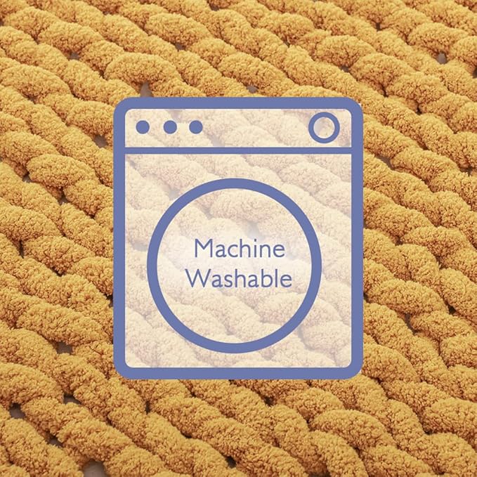 Bigacogo Chunky Knit Throw Blanket for Couch, 40x60 inches, 100% Hand Knitted with Thick Jumbo Chenille Yarn, Cozy Soft Large Rope Knot Cable Crochet Blankets for Sofa Bed Living Room, Mustard Yellow