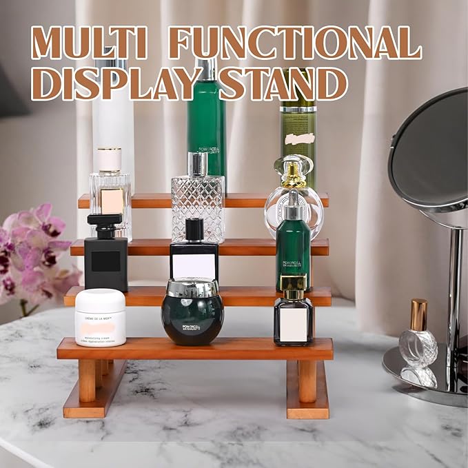 4 Tier Wooden Display Riser Stand Perfume Organizer, Dessert Table Display Set, Solid Wood Food Display Stands for Party, Bamboo Rustic Solid Wood Shelf for Cupcakes, Perfume, Cologne, Spiece