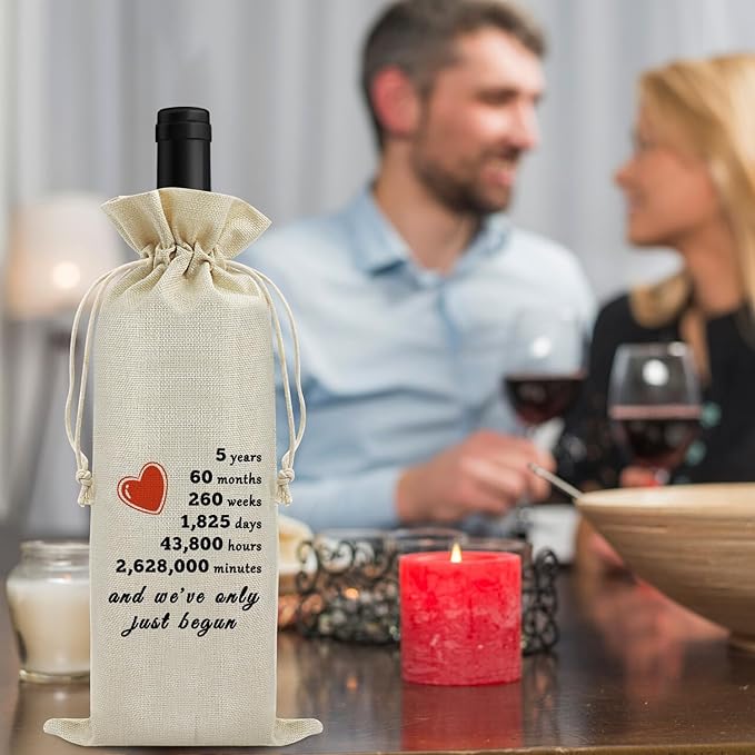 5th Anniversary Wine Bag for Him Her Five Years Anniversary Wedding Gift for Husband Wife 5 Years Dating Anniversary for Men Women 5 Years of Marriage Gift Birthday Christmas Gift Wine Gift Bag