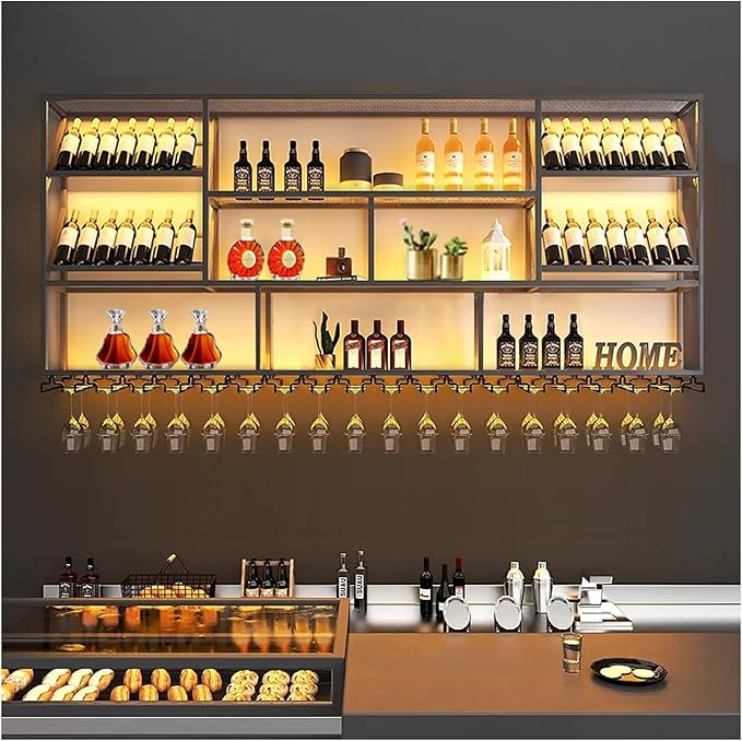 70.8Inch Wall Mounted Wine Rack, 3 Tiers Large Bar Shelves with 18 Glass Holder, Metal Wine Bottle Display Shelf, Modern Iron Liquor Shelf, for Kitchen Dining, Home Bar, Cellar (70.8" W)