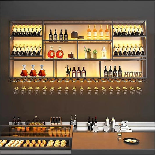 59Inch Wall Mounted Wine Rack, 3 Tiers Large Bar Shelves with 14 Glass Holder, Metal Wine Bottle Display Shelf, Modern Iron Liquor Shelf, for Kitchen Dining, Home Bar, Cellar (59.1" W)