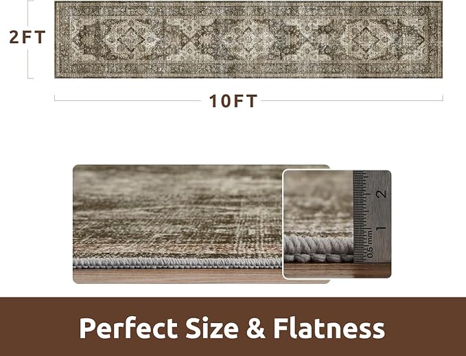 AMOAMI-2X10 Runner Rug-Washable Runners for Hallways-Soft Non Slip Bedside Rugs for Bedroom-Vintage Long Rug for Hallways Entryway Laundry Room Stair Kitchen Bathroom Brown/Coffee
