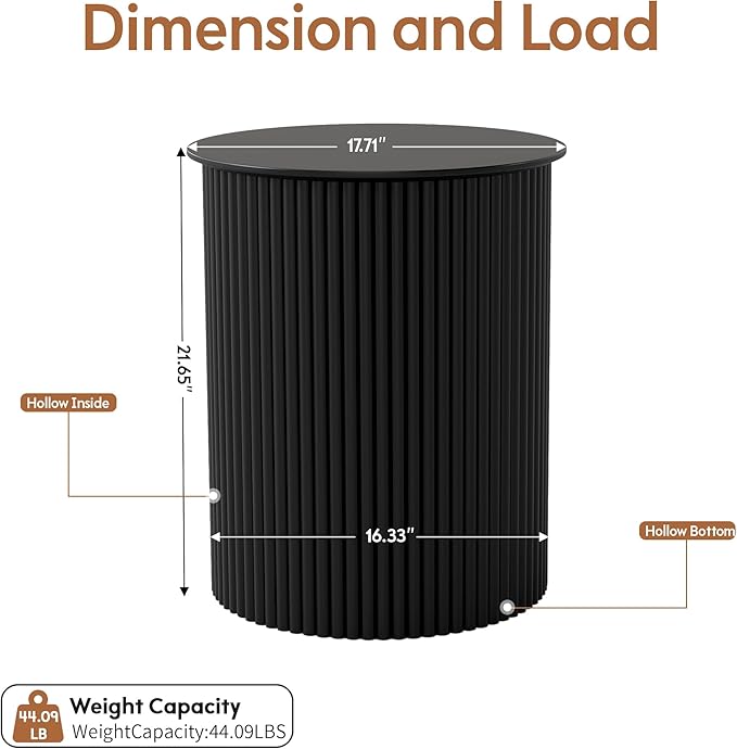 AVZEAR Small Round Side Table Fluted Night Stand Set of 2, 17.7" Mid Century Modern End Table, Circle Bedside Tables Wood Nightstands for Small Spaces, Living Room, Bedroom(Black)