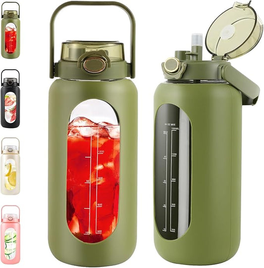 64oz Glass Water Bottle with Straw and Handle - Half Gallon Motivational Water Jug with Time Marker and Silicone Sleeve, Leak proof Wide Mouth Water Flask for Gym, Sports, and Daily Use (Green)