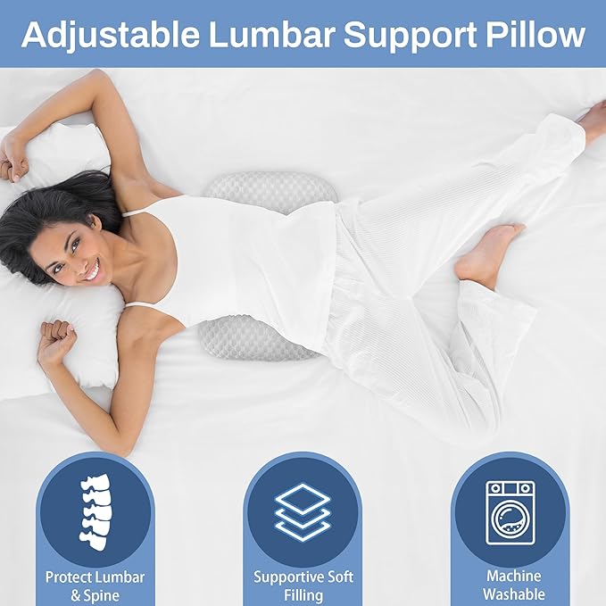 BALAPET Cooling Lumbar Support Pillow for Bed, Adjustable Shredded Memory Foam Lumbar Pillow for Sleeping, Relieve Back & Lumbar Pressure Perfect for Office Chairs Car Seats Beds, Grey