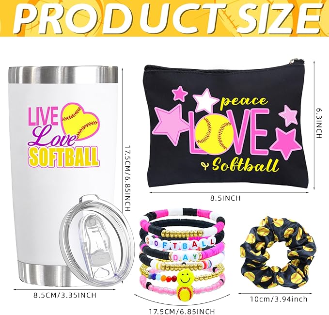 6 Pcs Softball Gifts Set Including 20oz Softball Tumbler cup Softball Bracelet Softball Makeup Bags Softball Stickers Hair Ties Sport Hair Scrunchie for Softball Lovers